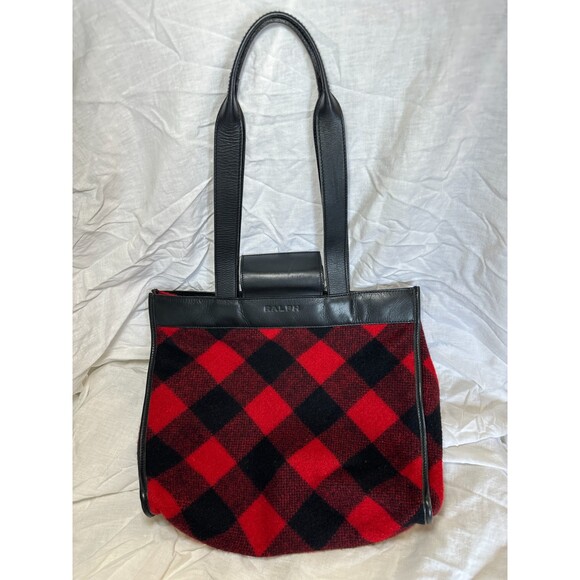 Vintage Ralph Lauren Tote Red Black Plaid Buffalo Check Wool Blend Leather - Picture 1 of 7